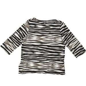 Travelers by Chico's Brown Striped Crew Neck Blouse Size 2 Polyester 3/4 Sleeve